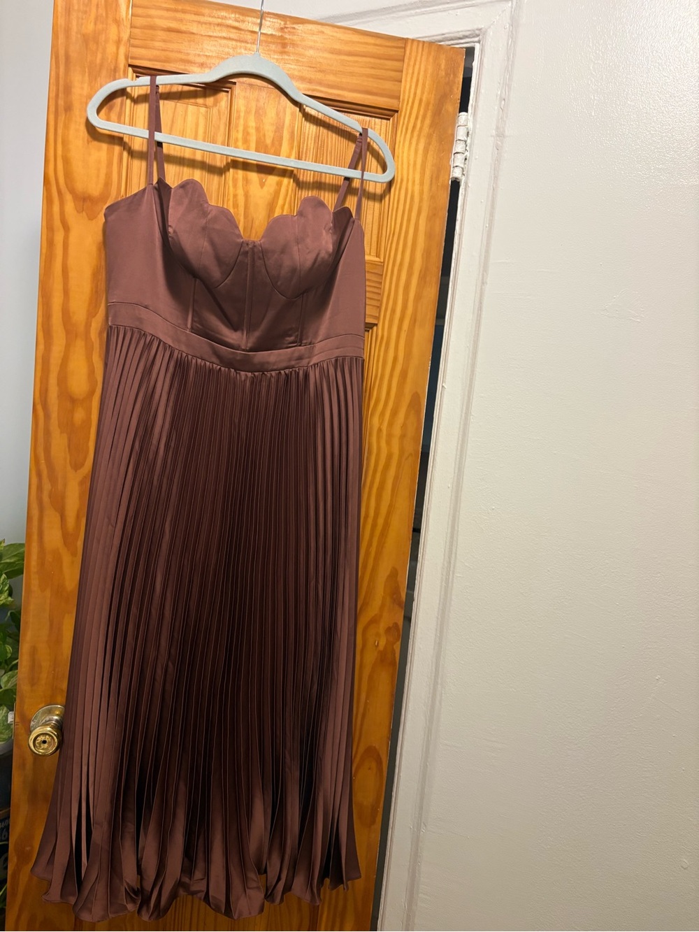 Azazie Brown Scallop Bust Pleated Midi Dress
